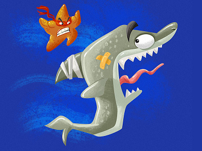 Bullied Shark cartoon character children cute digital drawing funny illustration kidlitart ocean shark starfish