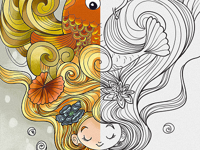 Koi Hair cartoon character coloring book cute drawing fantasy fish girl hair illustration line art whimsical