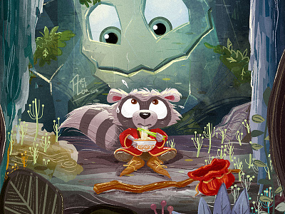 Ramen! cartoon character children childrens book cute digital painting drawing illustration raccoon ramen whimsical woods