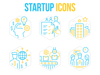 Startup Business Icons building character creative global idea line meeting office star startup survey