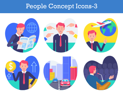 People Concept Icon 3 building business car character city flat icon global growth hand illustration increase money newspaper point speech travel