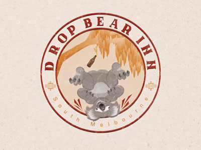 Drop Bear Inn Logo circle drop bear eucalyptus koala logo orange red south melbourne stamp tree typography yellow