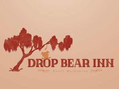 Drop Bear Inn Logo, another version drop bear eucalyptus koala logo orange red silhouette south melbourne tree typography yellow