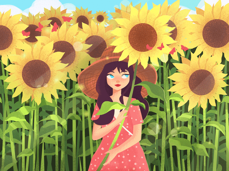 Bloom with grace butterfly character color flat gif girl illustration sunflower