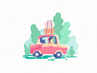 HappyWeekend car day dog flat happy illustration man