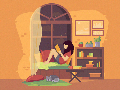 Storynight books cat character design education girl graphic illustration imagination plants reading window