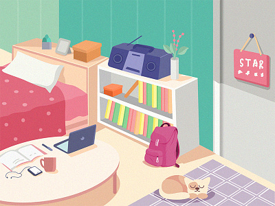 Tiny Room cat flat illustration room vecto