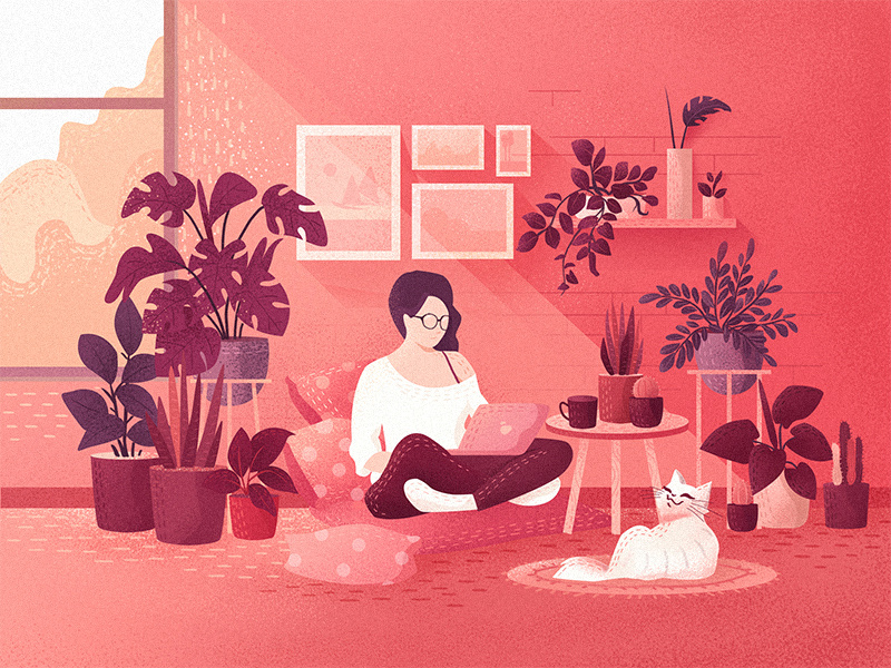 Rituals of a slumbering afternoon plants art cat love color concept character girl flat illustration