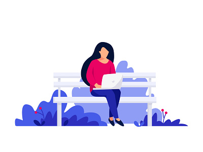 Working women busy color flat girl illustration laptop working