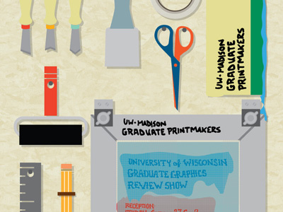 Graduate Printmaking Show Poster hand type ink printmaking ruler scissors screen print squeegee tape tools vector