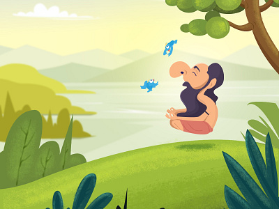 Monk bird character cloud design hill illustration monk mountains tree river yoga