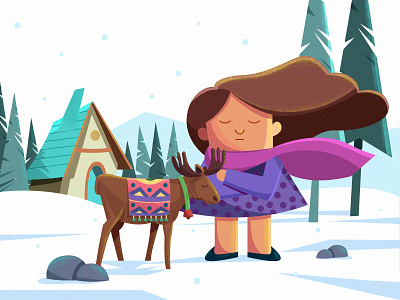 A Wintry Day! character design girl green hair house illustration moose mountains snow tree vintage