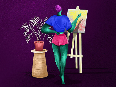 Artist artist character drawing girl painting plant pot shadow women