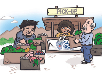 Salt and Soil Marketplace drawing farmers market graphic illustraton