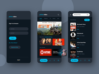 Amazon Prime Video | App Redesign amazon app app design app redesign appdesign design flat flat design form graphic design interface design ios log in minimal search sign up streaming streaming app ui ux