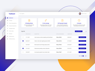 Insurance Task Dashboard dashboard design insurance list view listing side menu statistics table task tasks ui web app