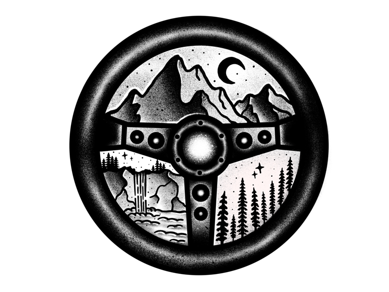 STEERING WHEEL + NATURE badge adventure travel artwork illustration mountains nature drawing procreate