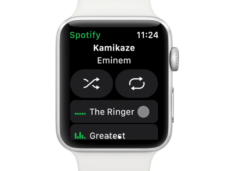 Spotify WatchOS animation apple apple watch design flinto interaction micro interactions minimal motion music music app repeat song spotify ui user inteface ux watch app watchos