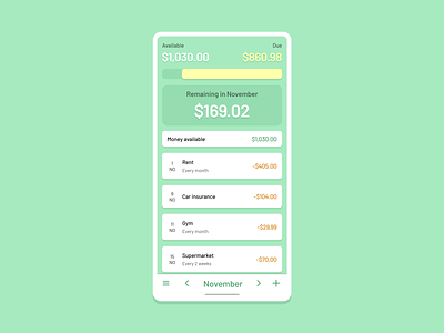 CostList App - Expense List with total and month change android appbar bills bottom cards detail due expense green income light list mobile mobile app navbar new pay shadow white yellow