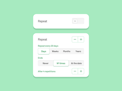 Simple event repetition in mobile app with add/minus switch add change days end green interaction minimalist minus months repeat repetition segmented segmented control shadow simple switch times toggle vertical years