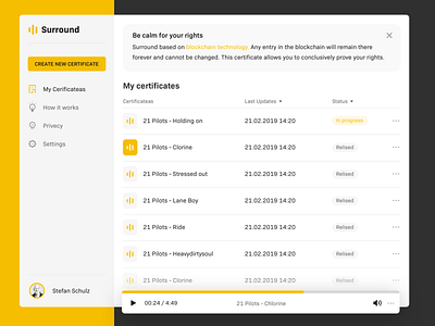 Surround blockchain certificate player sound surround technology ui ux yellow