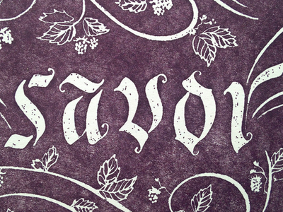 Letterpress detail, Savor blackberry botanical gothic hand lettering letterpress