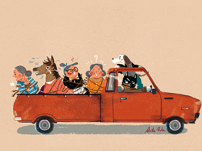 One penny, one grandma animal art artwork car cat art character dog editorial illustration illustration pickup truck postcards woman