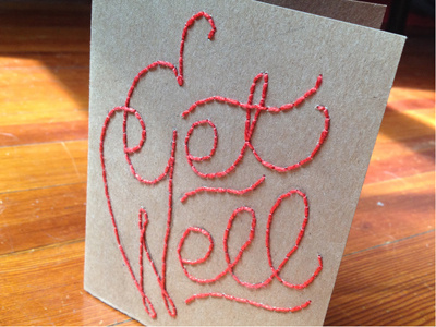 Get Well Soon card embroidery get well soon greeting card red sewing sewn string