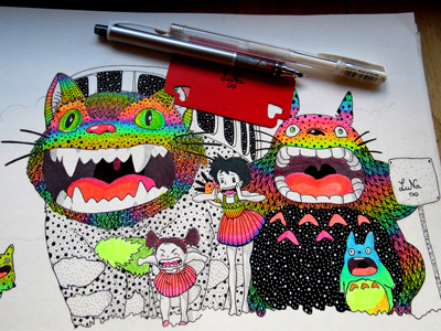 Totoro (cat bus) fan art by Luna Portnoi art fan illustration rainbow totoro