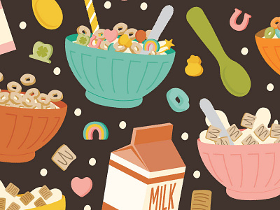 Cereal Time breakfast cereal froot loops lucky charms marshmallow milk pattern pattern design surface design surface pattern