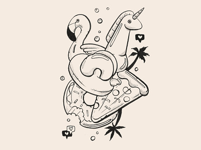 Swollen Ego and Influencer's best friends beach flamingo illustration inktober inktober 2018 instagram likes palm beach palm leaves swiming swollen tattoo art tattoo design unicorn