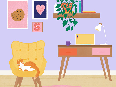 Mid-Century Modern Workspace art cats charlyclements clean flat design graphic design illustration