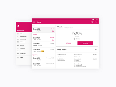 Foodora Restaurant App android tablet dashboard material tablet