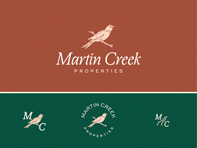 Martin Creek Properties airbnb badge bird blush brand creek hospitality illustration italic mansion mc monogram nest perch property purple martin river rustic terracotta texas