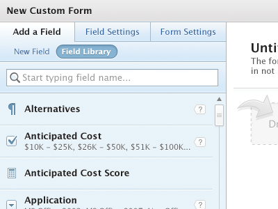Form Builder Field Library arrow blue drag and drop help icons scrollbar search selected tabs ui ux