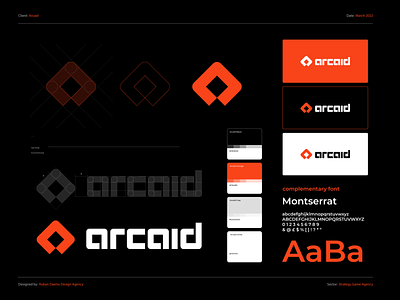 Arcaid - Brand identity brand brand identity branding custom font design designer game design game logo gaming identity logo logo design mark orange visual branding
