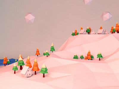 Find an island c4d house illustration island tree winter