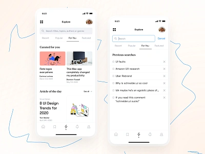 Article Exploration - Search 091 app design article page articles clean curated for you curation dailyui dailyui 091 dailyuichallenge design explore medium mobile design nav search search bar search results searchbar ui