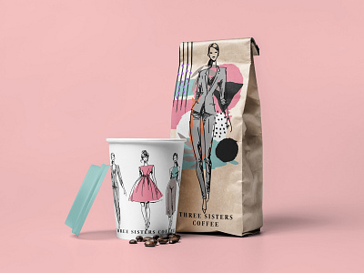 Three sisters coffee packaging and branding. black blue branding coffee fashion food branding illustrations modern packaging pink