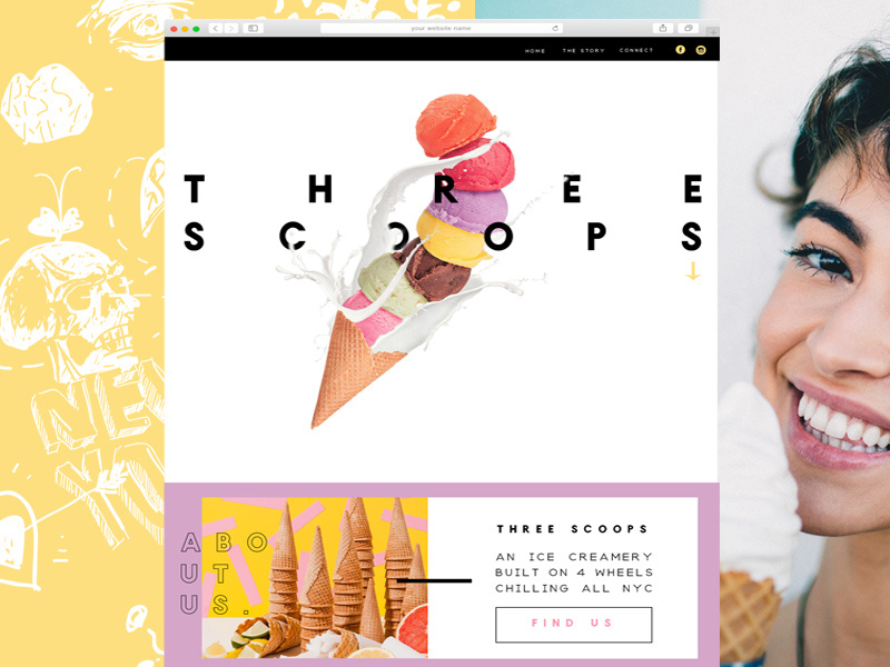 Three Scoops website and branding collateral bootstrap wordpress visual design ui drawing illustration minimal landing page vector branding ux website design