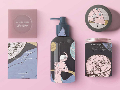 Mars Equinox Cosmetics Packaging abstract alien blue branding concept art cosmetic cosmos design illustration letterpress logo mars minimal modern packaging pink stars typography universe vector