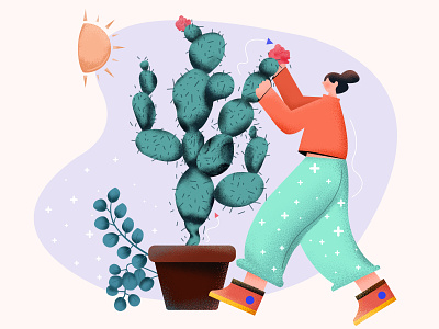 The girl held the cactus and smelled the flowers cactus needle catus color flowers girl green illustration leaves orange red sunshine