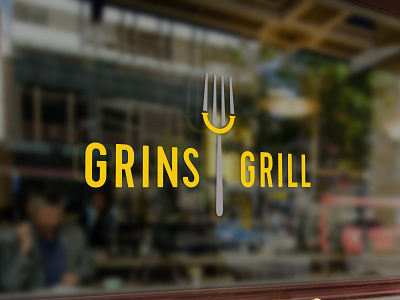 Grins Grill logo mockup branding eat food fork grin happy icon logo mockup restaurant restaurant branding smile window