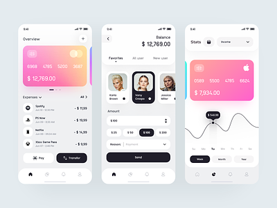 Wallet Design App 💎 app application bank banking clean clean app credit card crypto finance gradient interface ios app minimal mobile banking payment stats transaction ui ux wallet