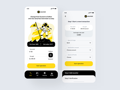 eKambia App aplicacion app app design application bank banking app clean design exchange github illustration interface minimal ui ui trend ui ux design ux wallet yellow yellow app