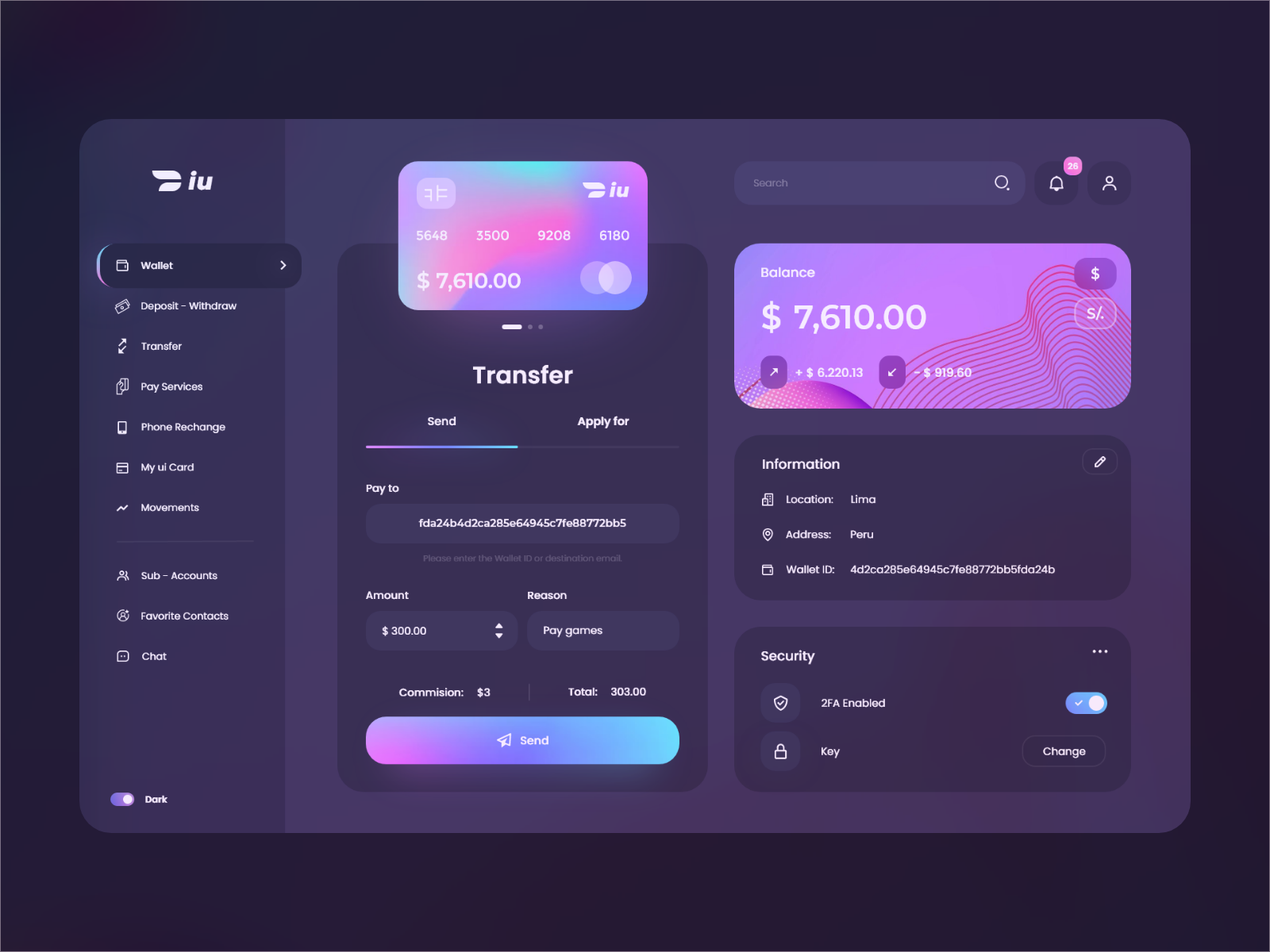 Wallet IuPayme Desktop Dark Mode By Manuel Rovira For Orizon UI Wallet IuPayme Desktop Dark Mode By Manuel Rovira For Orizon UI