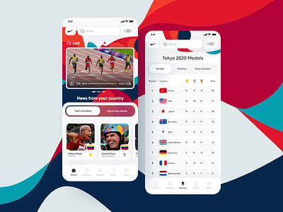 Nike Olympics App 💎 adobe xd app application cards clean colors components design feed flutter gihub interface ios medals minimal olympic games olympics ui ui design ux