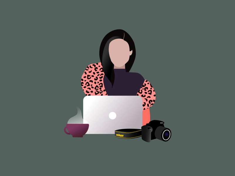 Coffee Cameras and Cheetah adobe animation after effects camera character character animation cheetah print coffee designer details floating girl girl illustration laptop motion nikon photographer vector