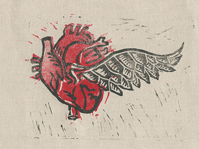 As the heart flies blockprint heart linocut wing