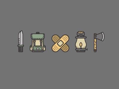 Survival Icons adventure axe backpack bandage camping colors design flat knife oil lamp outline survival